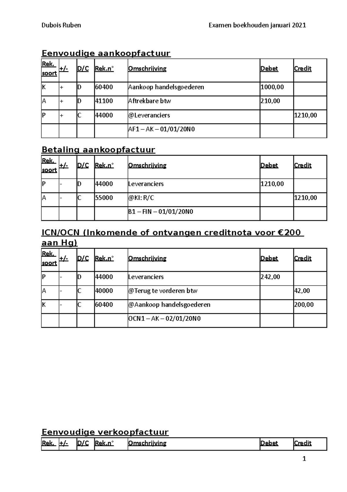 Examen Boekhouden Januari 2021 - Eenvoudige Aankoopfactuur Rek. Soort ...