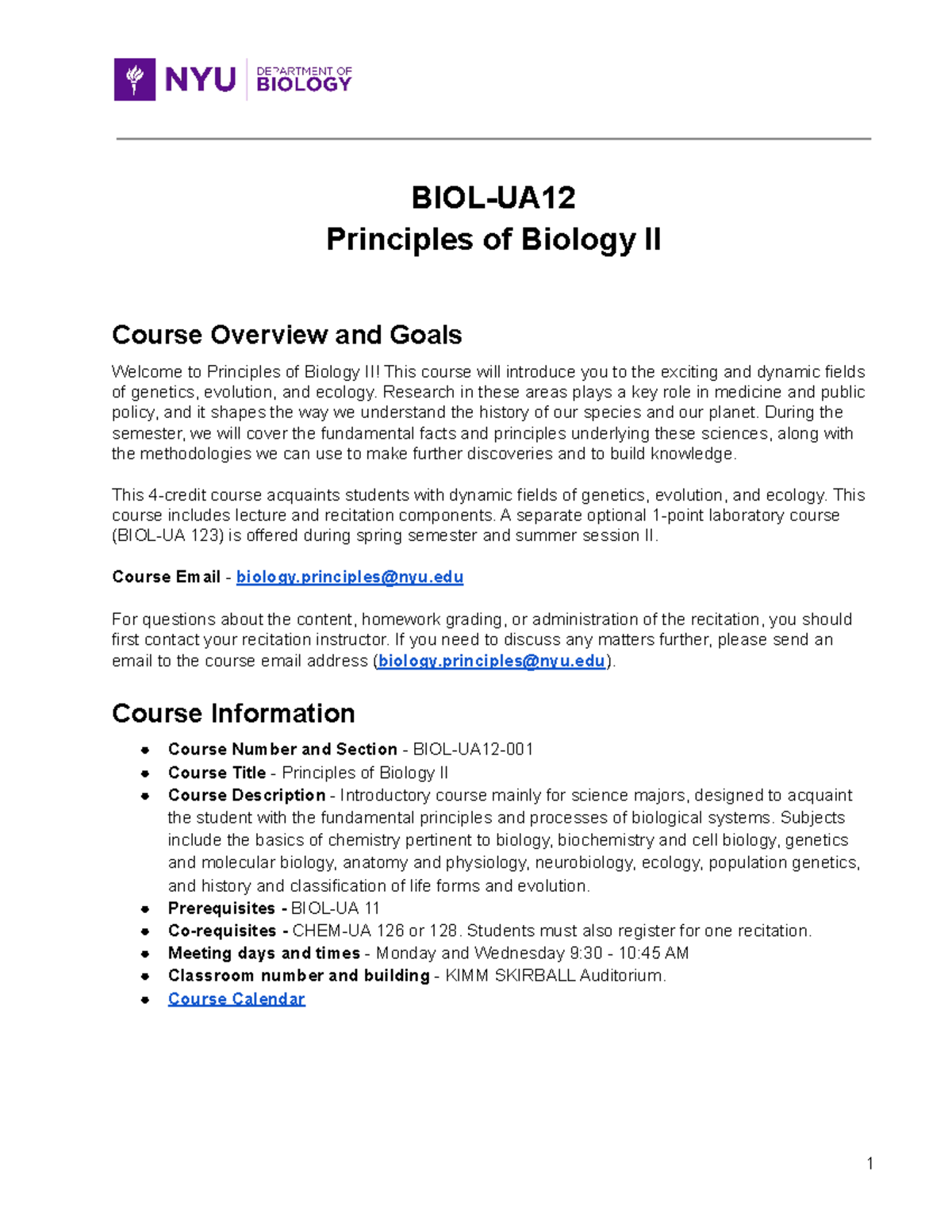 Biology II Syallbus - Syllabus - BIOL-UA Principles of Biology II ...