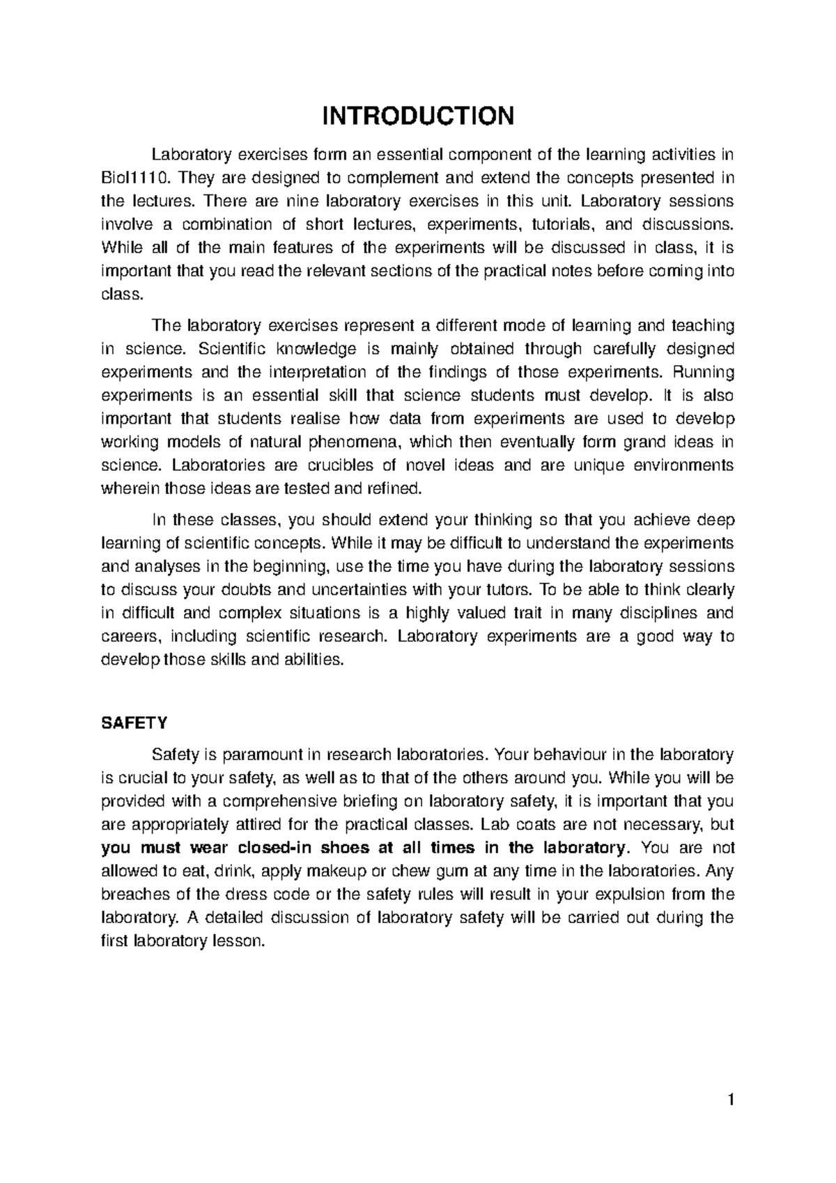 Biol1110 2020 Practical 1 instructions - INTRODUCTION Laboratory ...