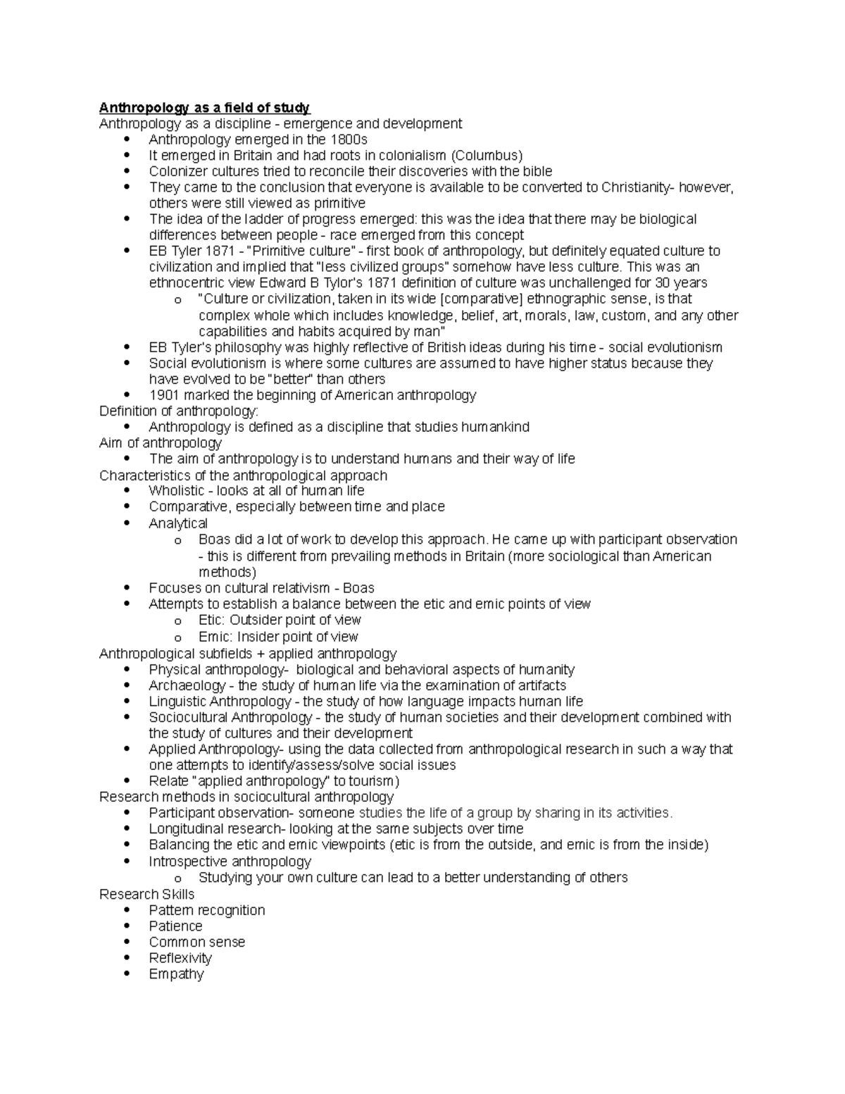 Anthropology - Lecture notes 1 - Anthropology as a field of study ...