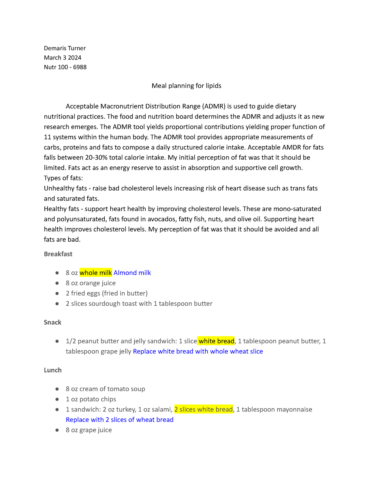 week 3 assignment meal planning for lipids