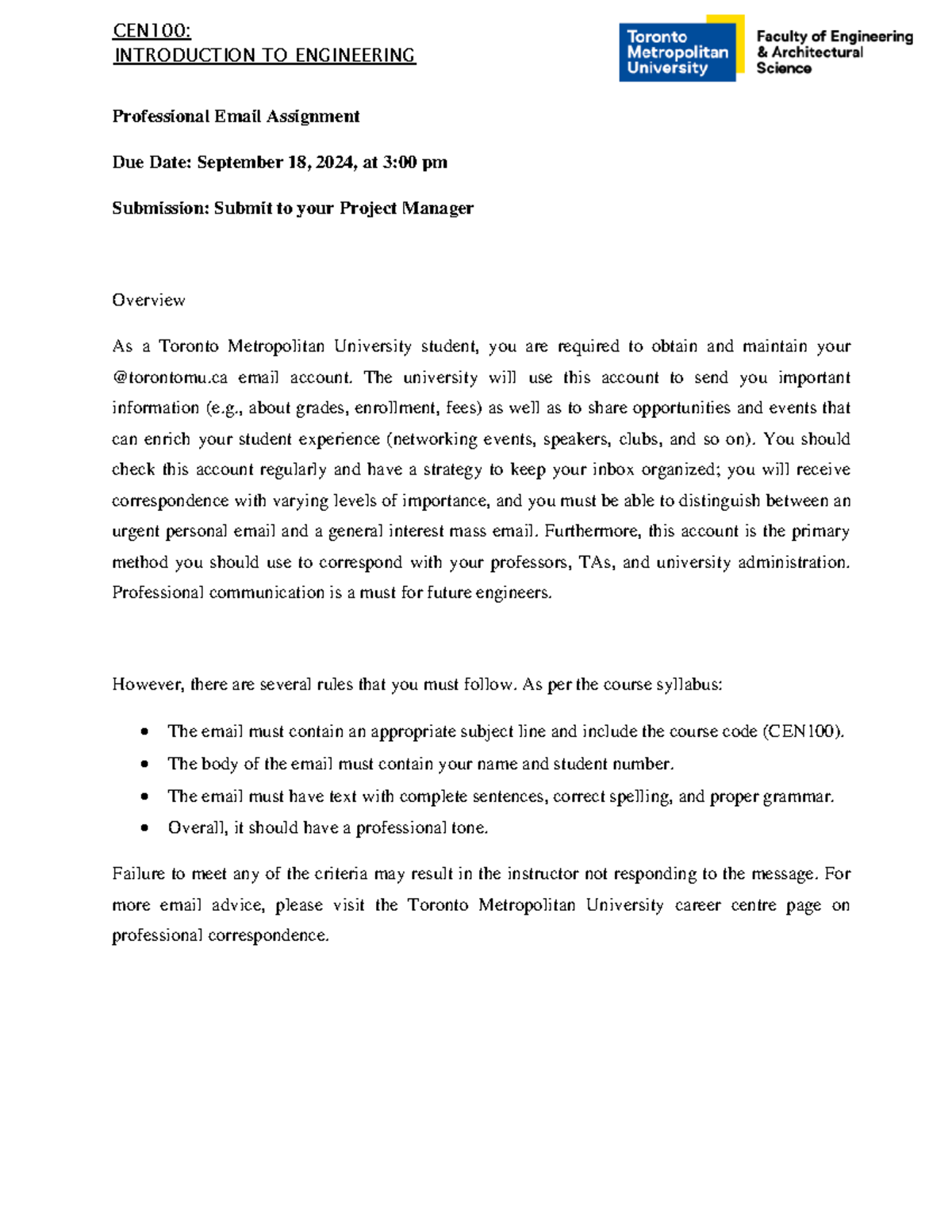 Email assignment - Fall2024 - INTRODUCTION TO ENGINEERING Professional ...