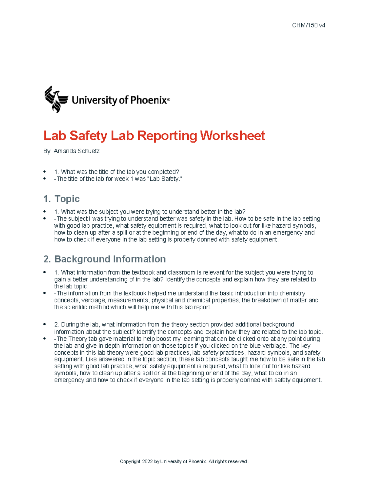 Week 1 lab report - CHM/150 v Lab Safety Lab Reporting Worksheet By ...