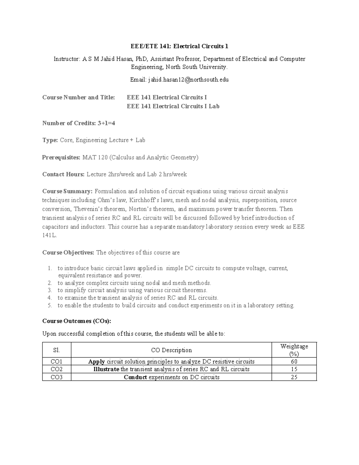 Course outline - EEE/ETE 141: Electrical Circuits 1 Instructor: A S M ...