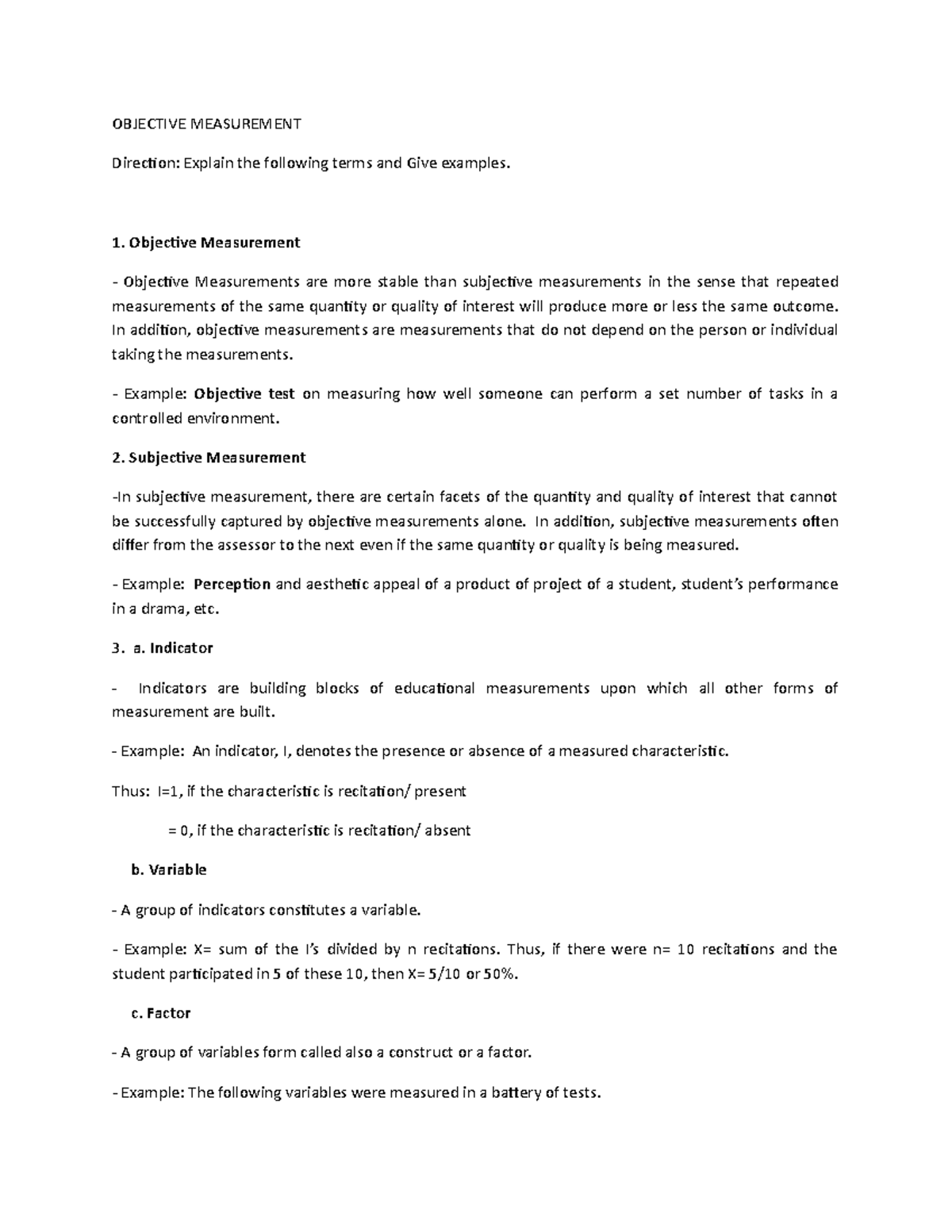 Objective Measurement - OBJECTIVE MEASUREMENT Direction: Explain the ...