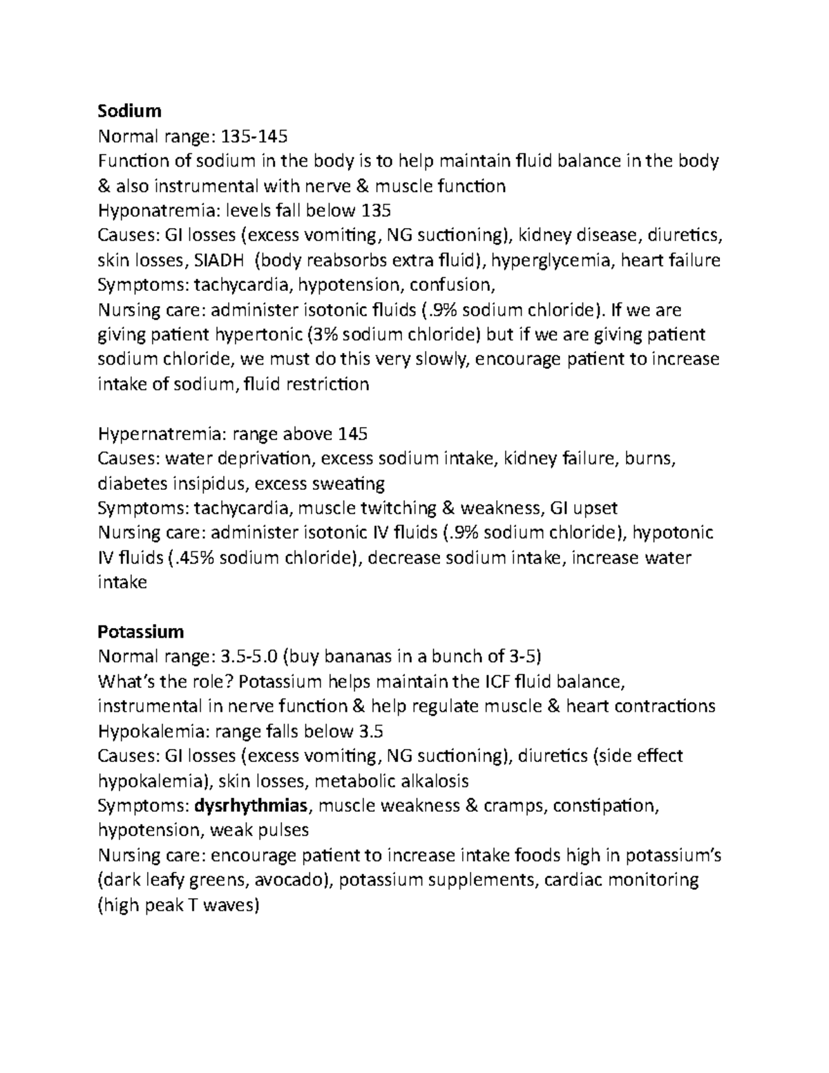 Electrolye Imbalances - Sodium Normal range: 135- Function of sodium in ...