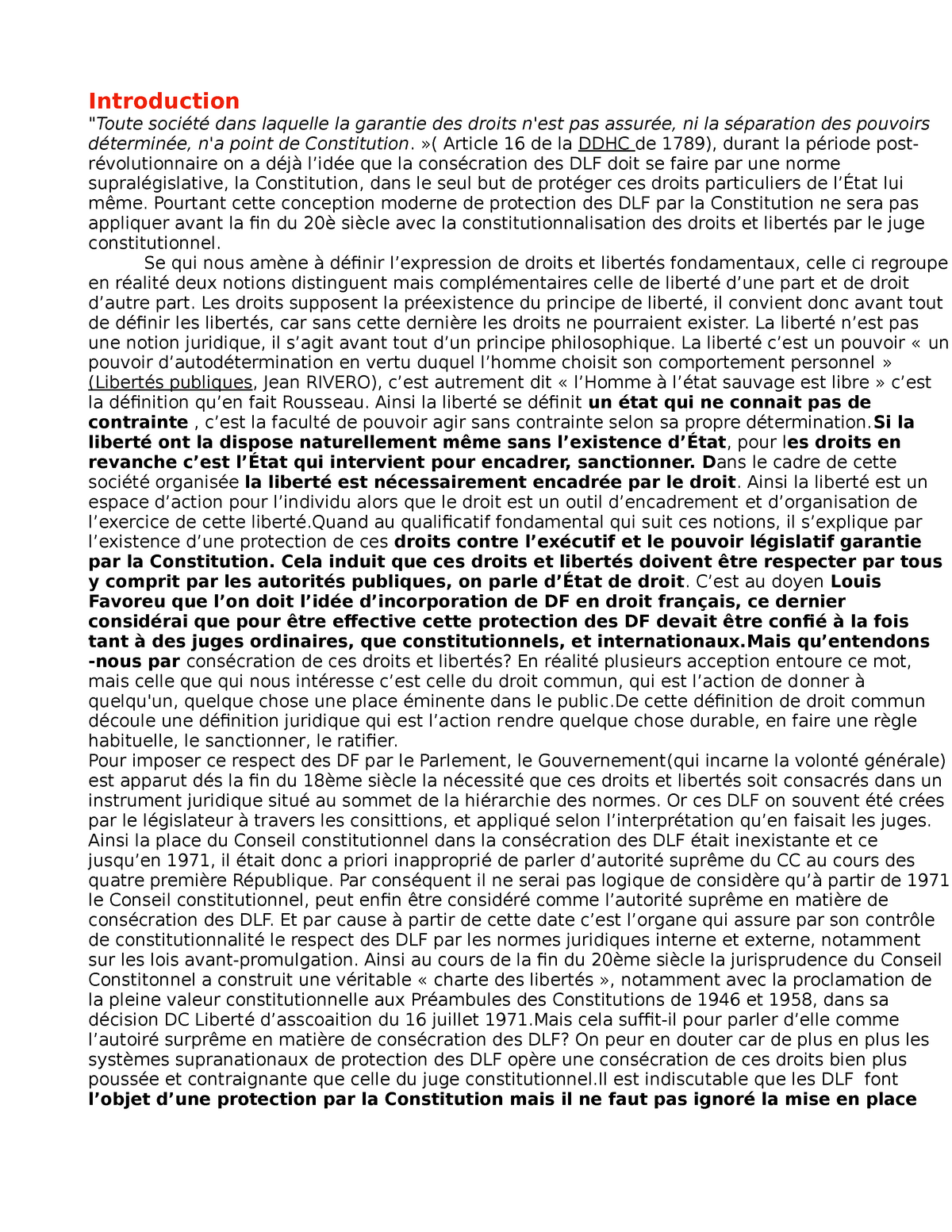 Dfl Seance 2 Dissertation Droits Et Libertes Fondamentaux Sujet Le Conseil Constitutionnel Studocu
