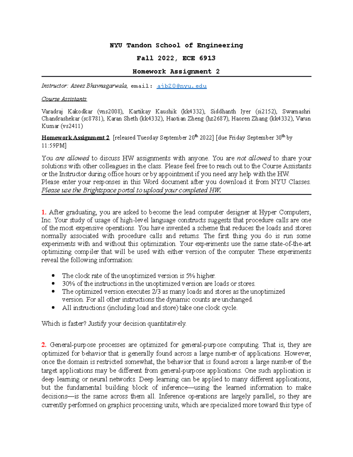 HW 2 ECE 6913 computer architecture NYU Tandon School of
