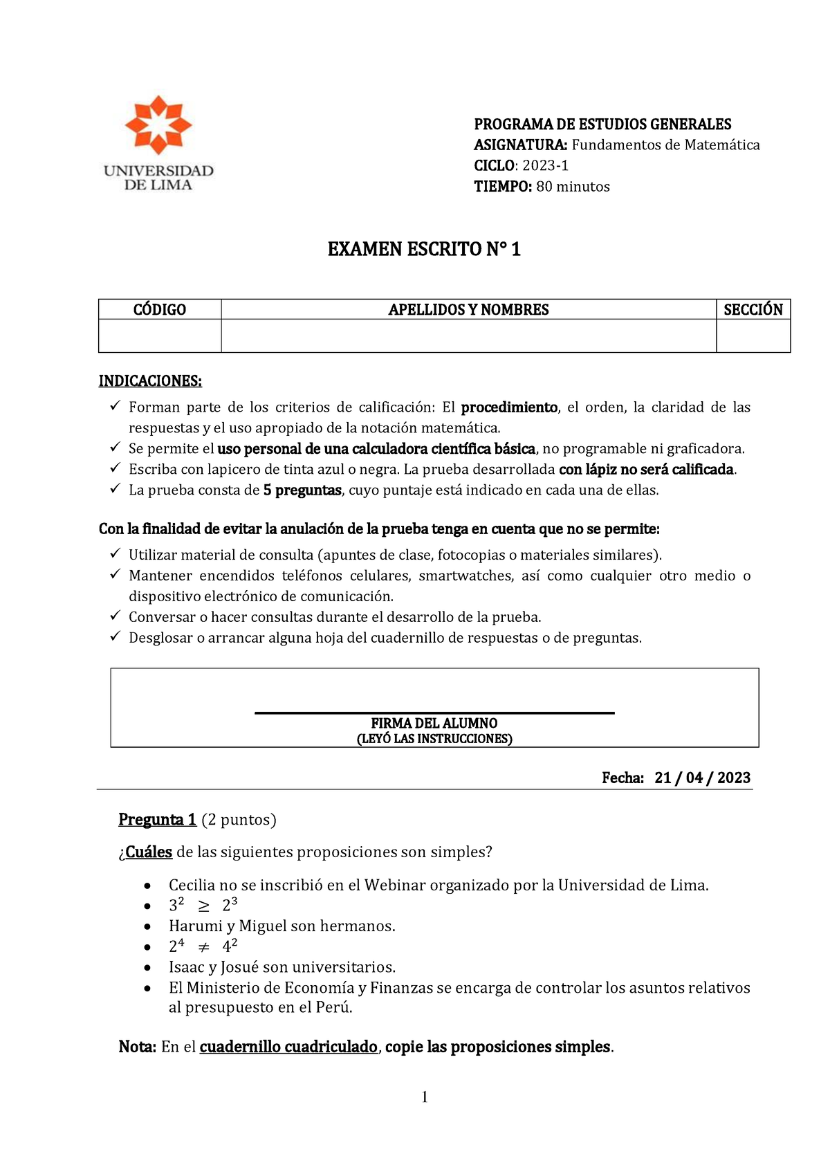 EE1 FM 2023-1 - Preparación Examen 1 - EXAMEN ESCRITO N∞ 1 C”DIGO ...