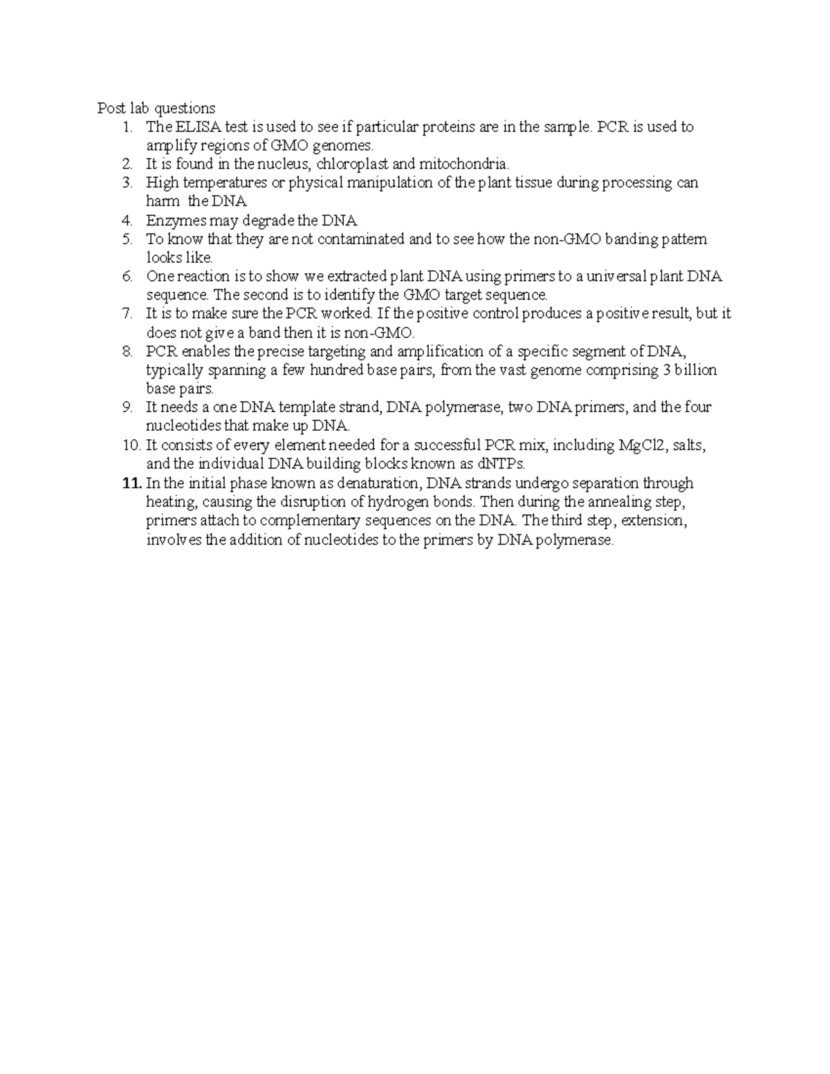 Post lab questions part one - Post lab questions 1. The ELISA test is ...