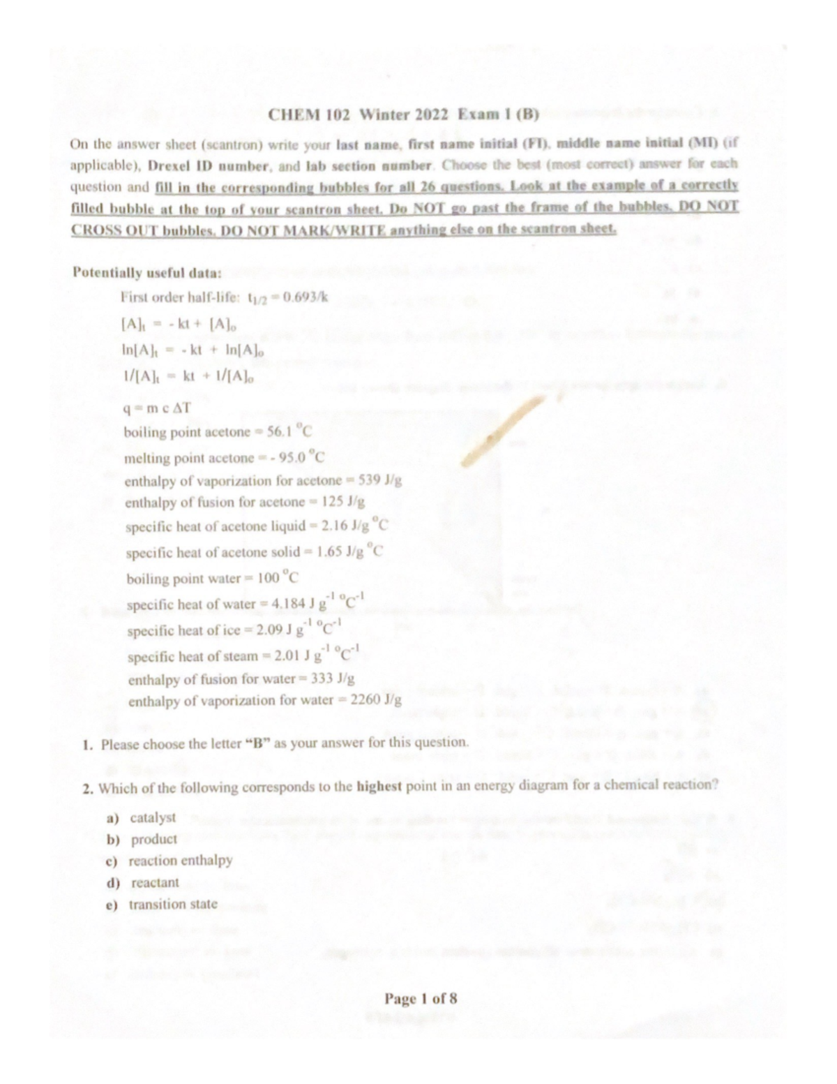 exam 1 - chem prep - CHEM 102 - Studocu