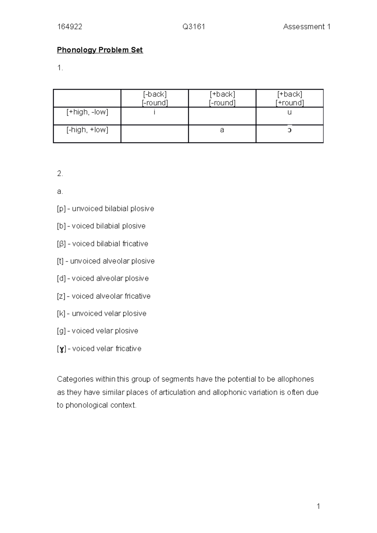 Phonology problem set - 164922 Q3161 Assessment 1 Phonology Problem Set ...