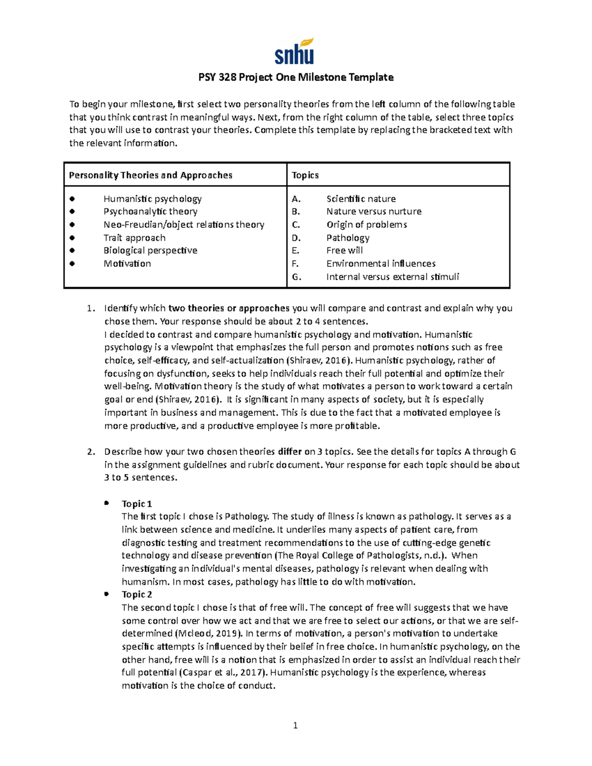 PSY 328 Project One Milestone Template - Next, From The Right Column Of ...