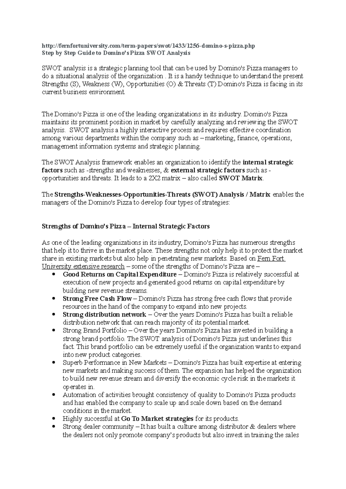 SWOT Analysis OF Dominos Pizza Fernfortuniversity term papers swot 