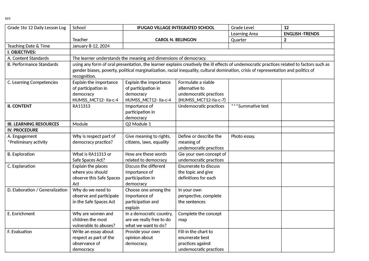 Grade 1to 12 Daily Lesson Log Grade 12 Trends - 623 Grade 1to 12 Daily ...