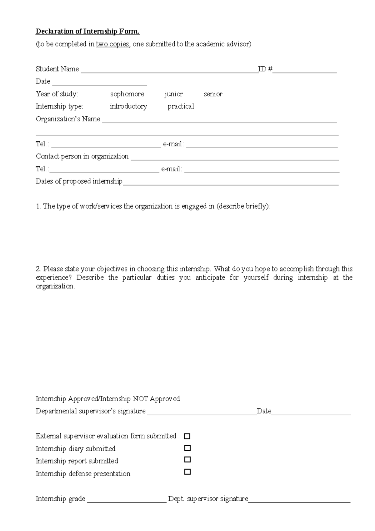 Declaration of Internship Form - (to be completed in two copies, one ...