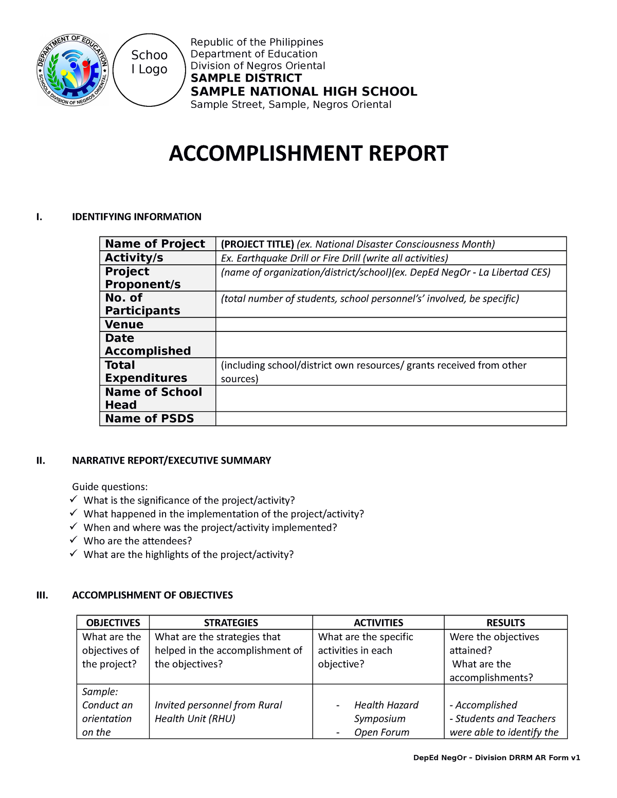 428233776 Dep Ed Accomplishment Report Template - Bachelor in Secondary ...