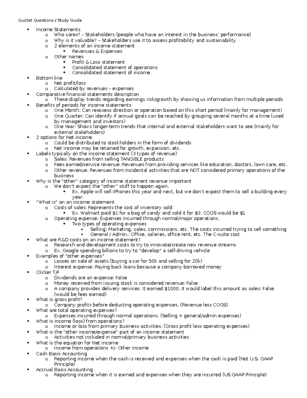 ACC 200 Exam 2 Cheat Sheet - Quizlet Questions / Study Guide Income ...