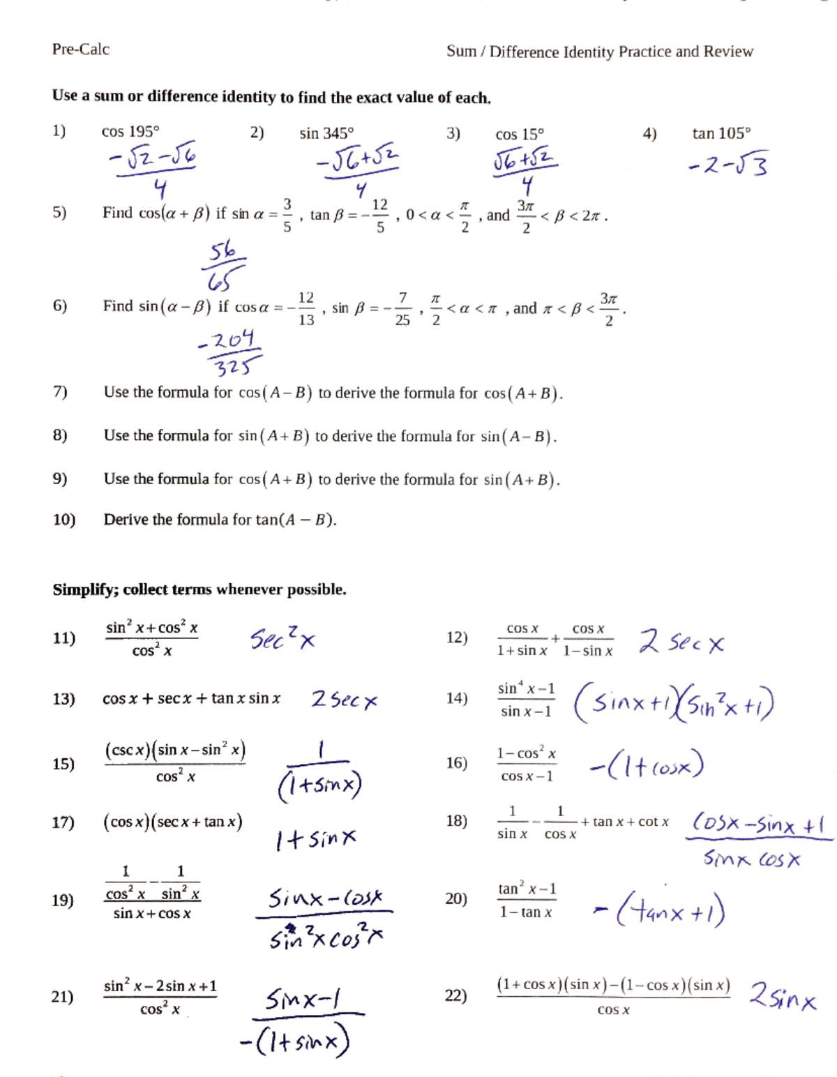 Sum-Diff + Tralgebra 2019 Answers - Sum Difference Identity Practice ...