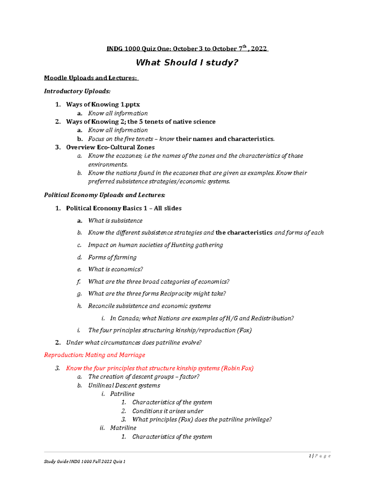 Quiz One Study Guide INDG 1000 Fall 2022 - INDG 1000 Quiz One: October ...