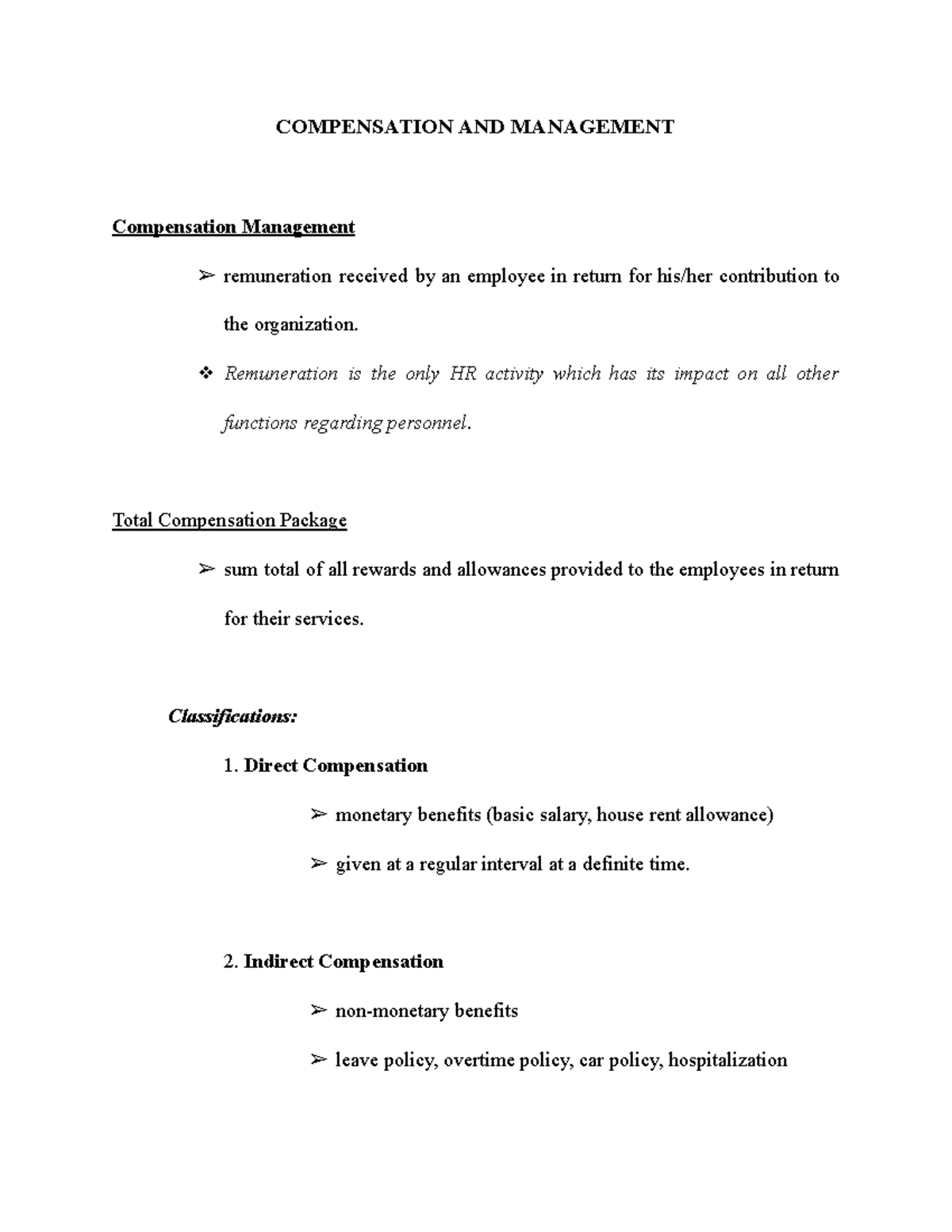 Compensation AND Management Notes - COMPENSATION AND MANAGEMENT ...