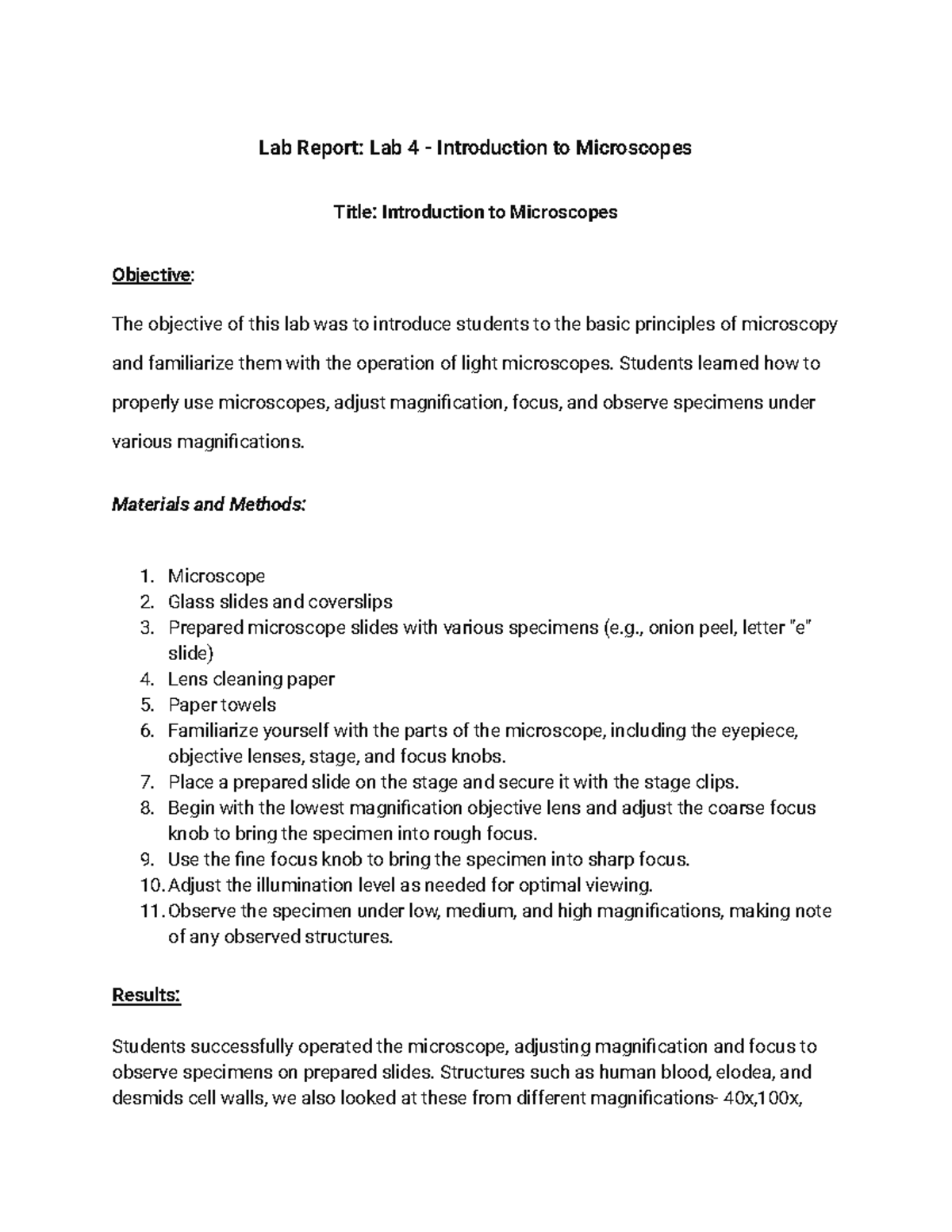Lab Report Lab 4 - Introduction to Microscopes - Lab Report: Lab 4 ...