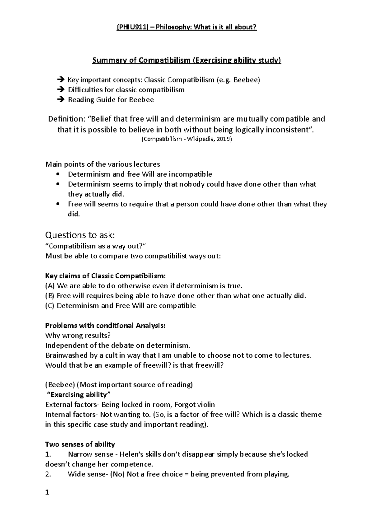 Summary of Compatibilism - (PHIU911) – Philosophy: What is it all about ...