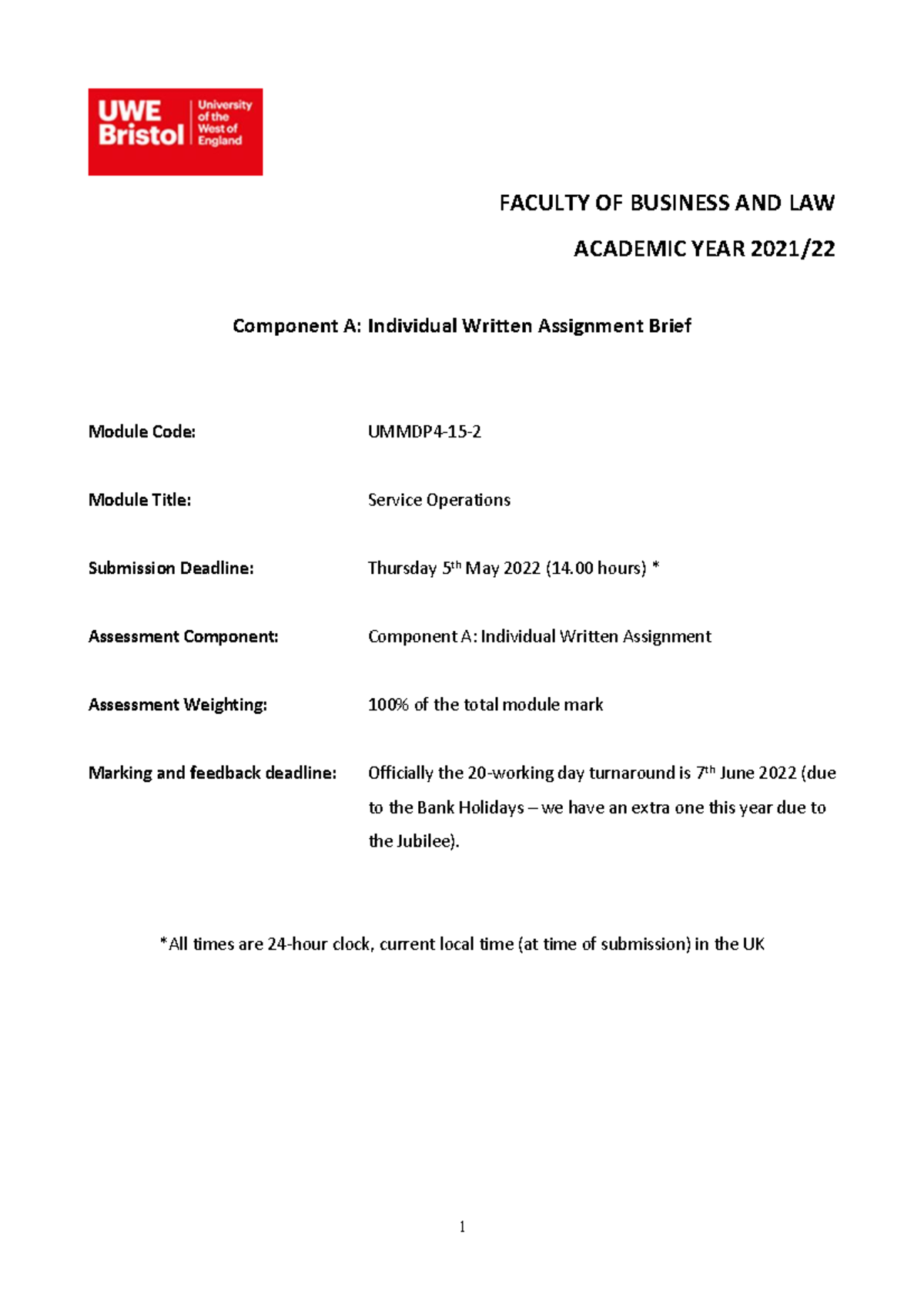 SOPS Component A Individual Written Assignment Brief - FACULTY OF ...