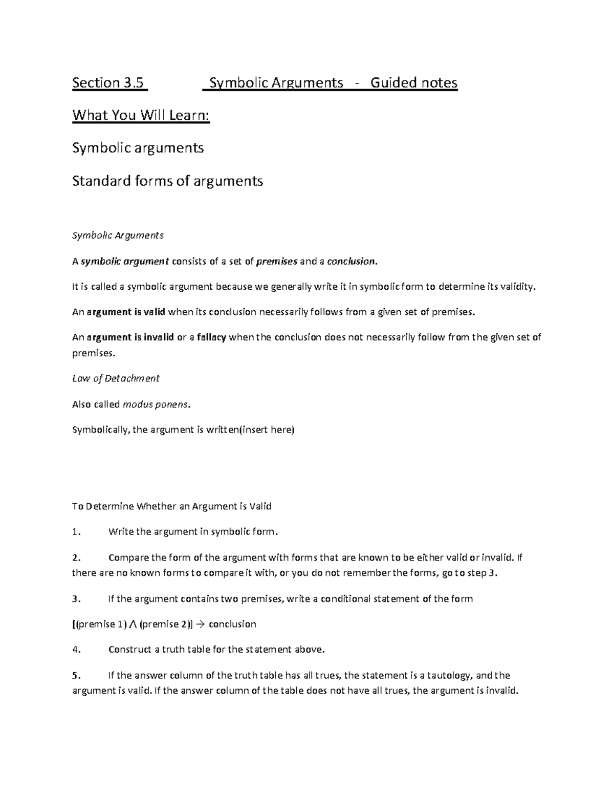 Symbolic Arguments Guided Notes - Section 3 Symbolic Arguments - Guided ...