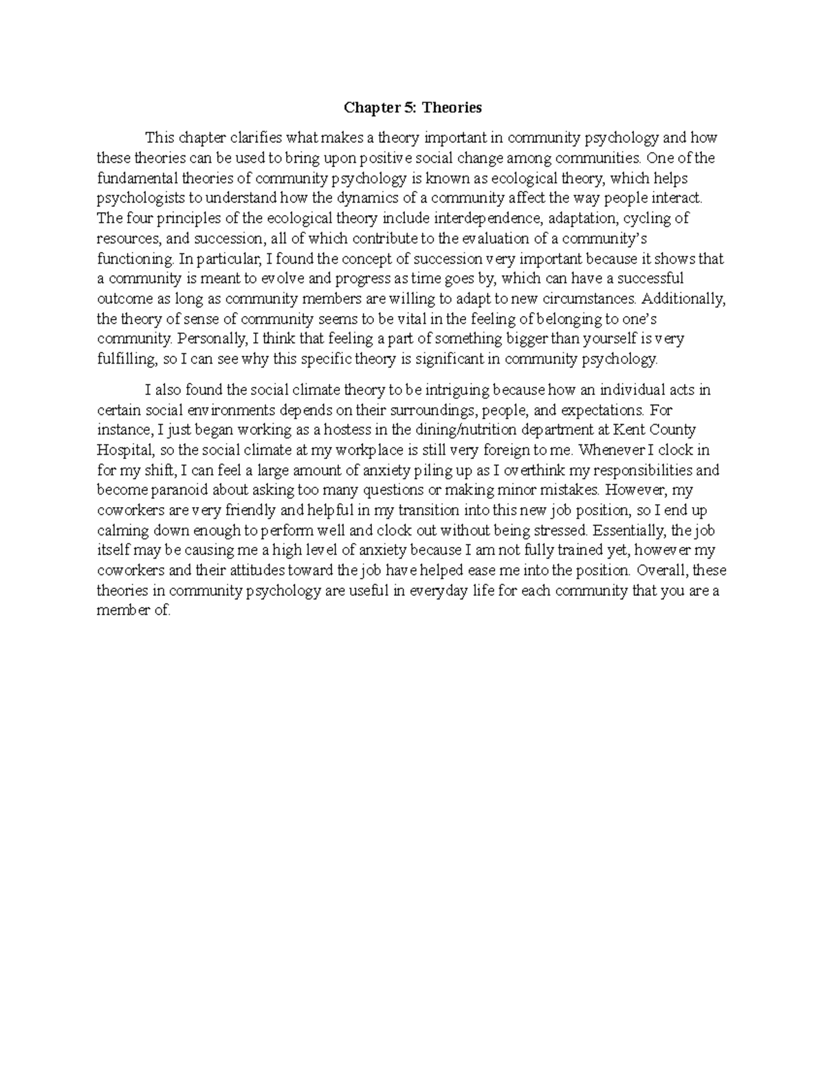PSYC 425 - Chapter 5 Reflection - Chapter 5: Theories This chapter ...