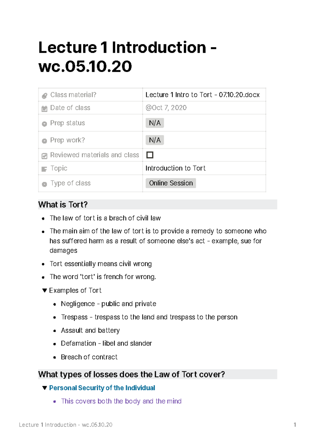 Intro to Tort Summary - 07 - Lecture 1 Introduction - wc.05. Class ...