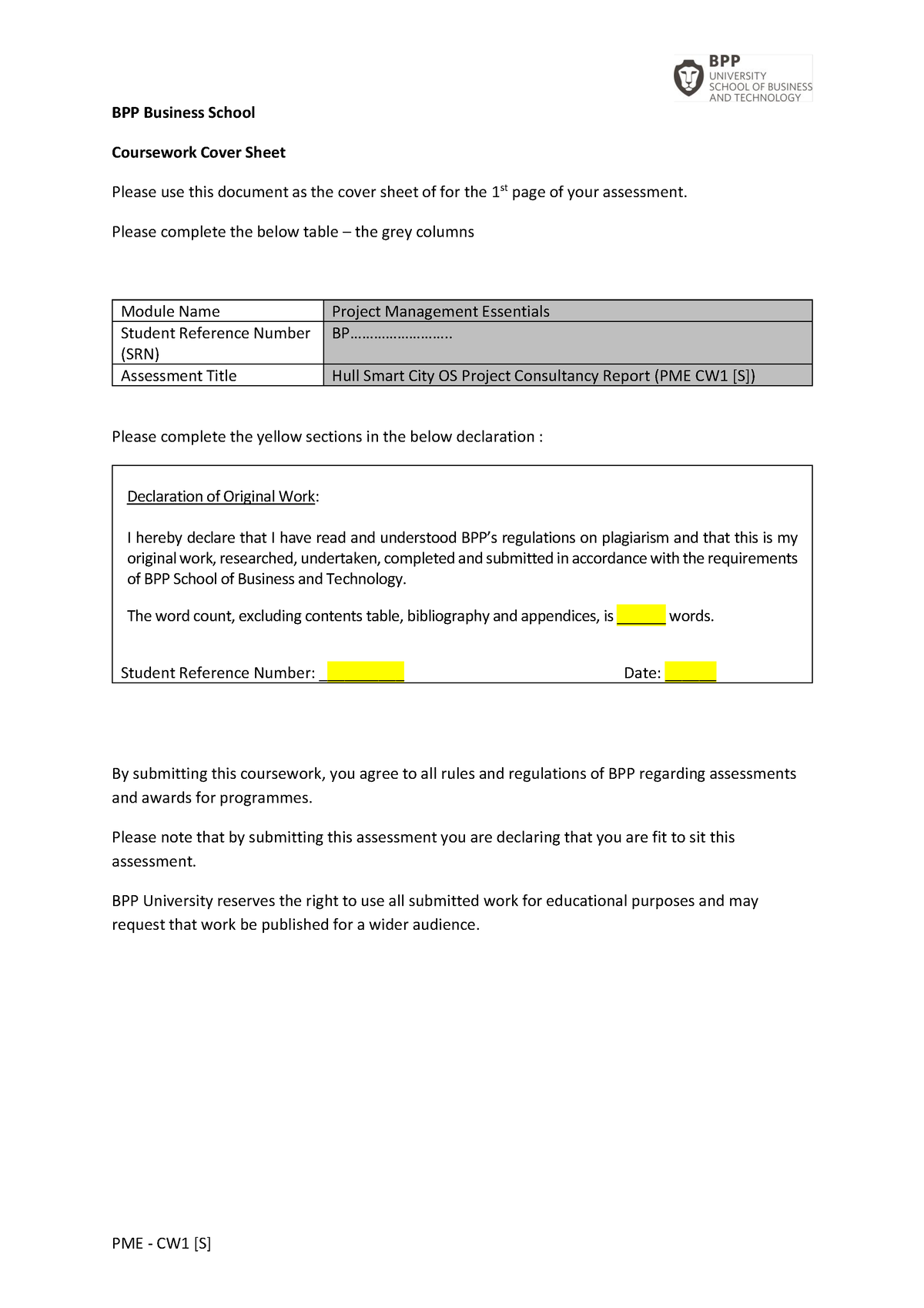 PME - Summative Brief CW1 - BPP Business School Coursework Cover Sheet ...