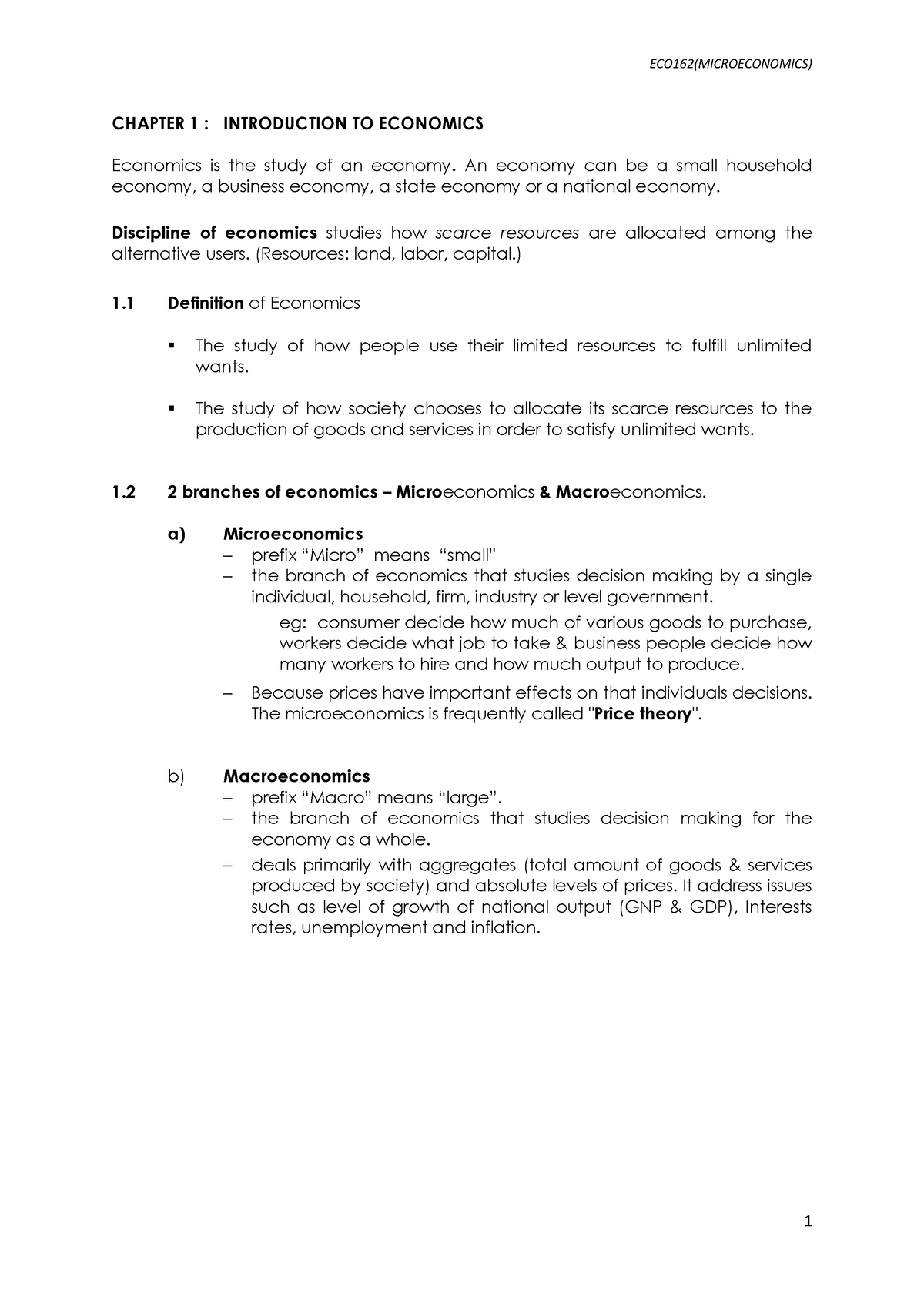 Microeconomics Chapter 1 And Chapter 2 Notes - CHAPTER 1 : INTRODUCTION ...