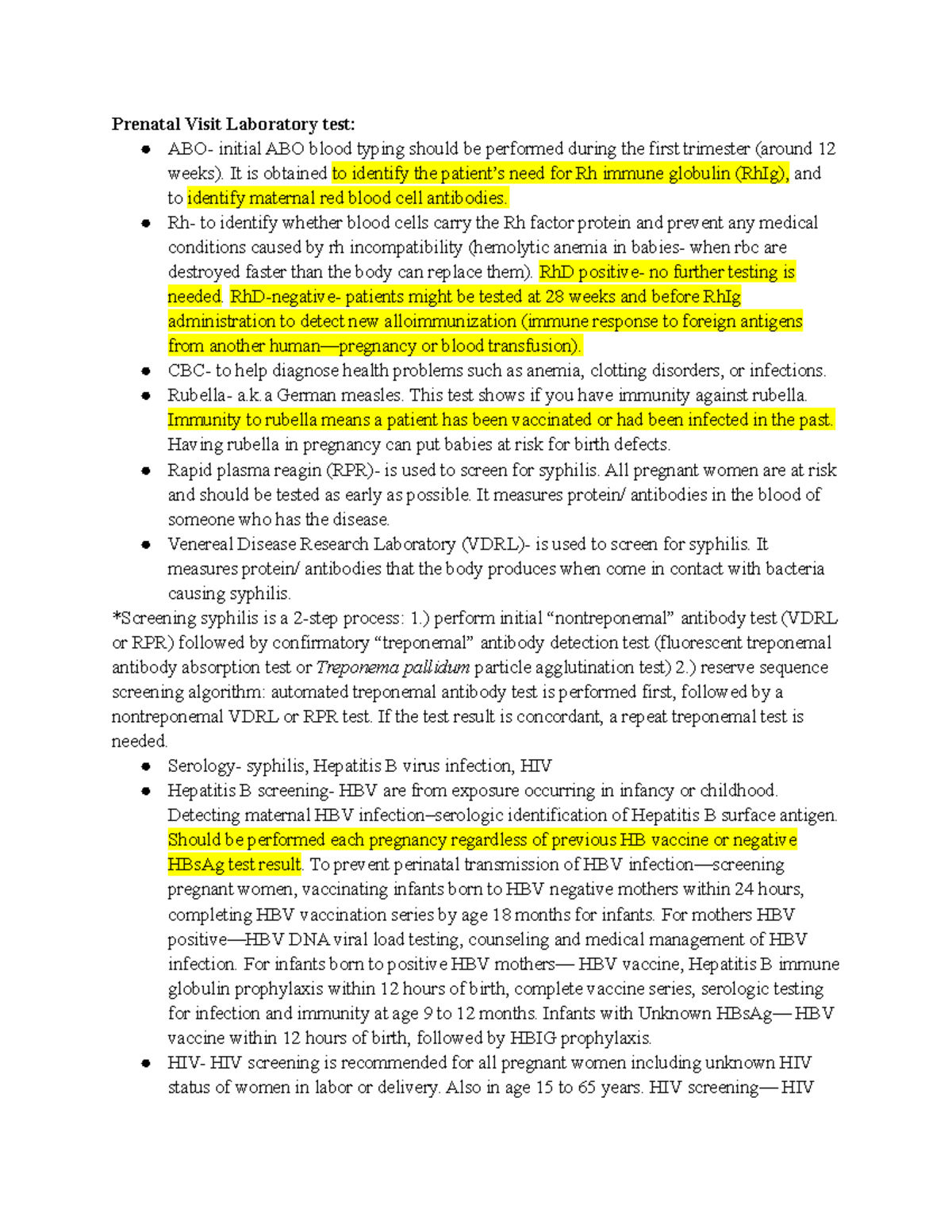 Homework Prenatal Visit ( Prenatal Panel) Prenatal Visit Laboratory