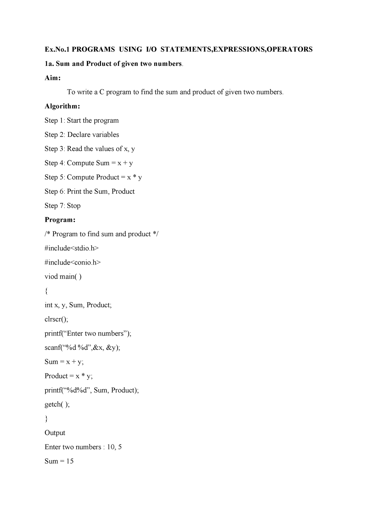 PROGRAMS USING I/O STATEMENTS,EXPRESSIONS,OPERATORS - Ex.No PROGRAMS ...