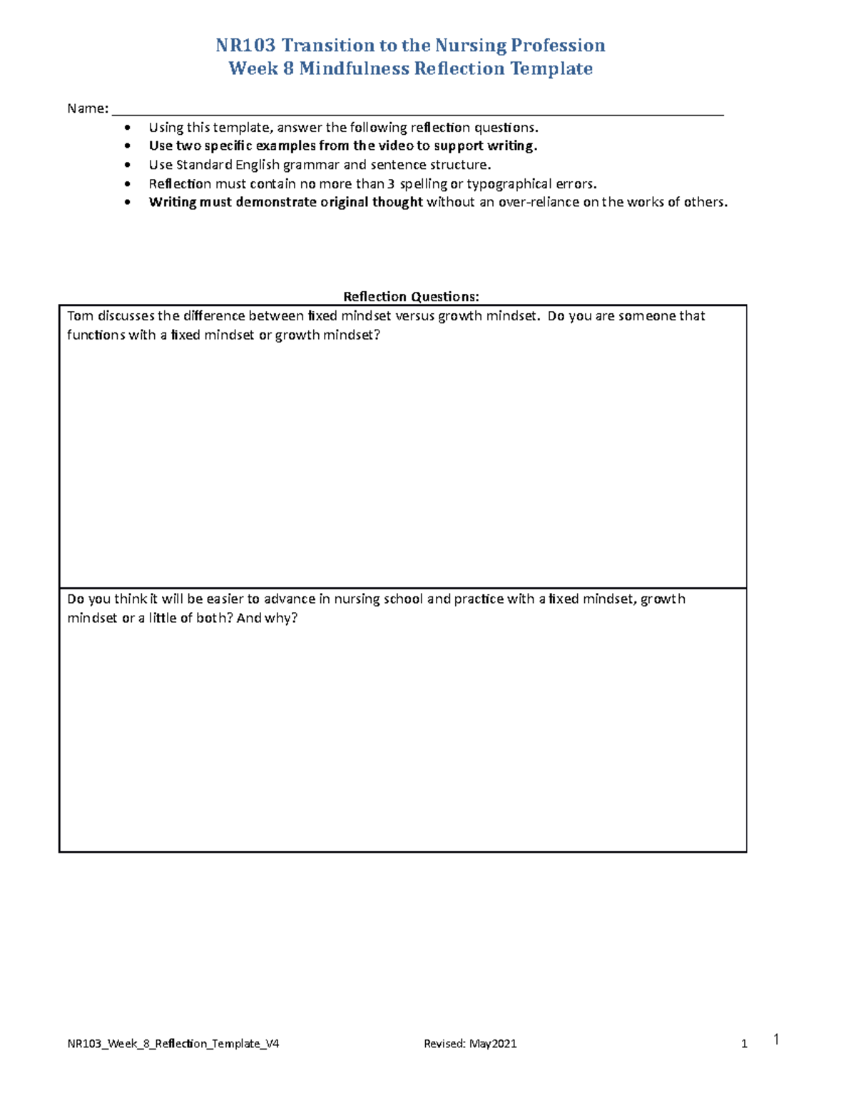 NR103 Week8 Reflection Template May2021 - NR-103 - Chamberlain ...