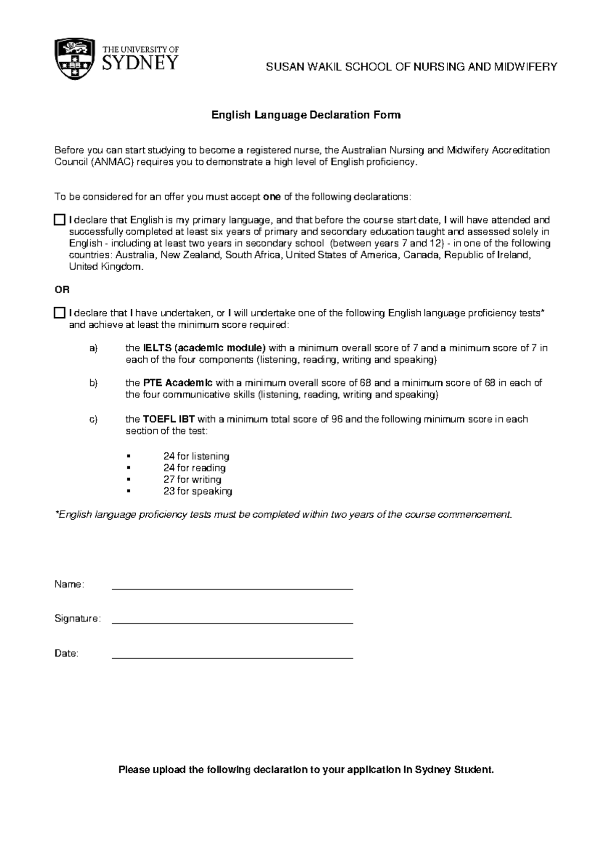 Sns english language declaration form - SUSAN WAKIL SCHOOL OF NURSING ...