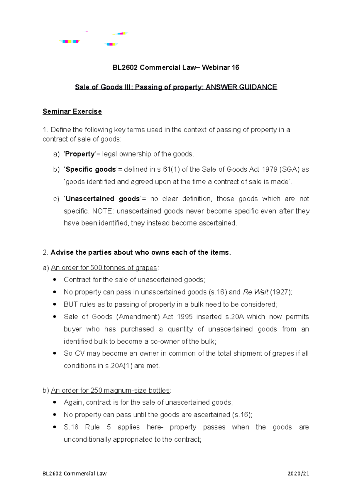 Seminar- passing of property Answer Guidance - BL2602 Commercial Law ...