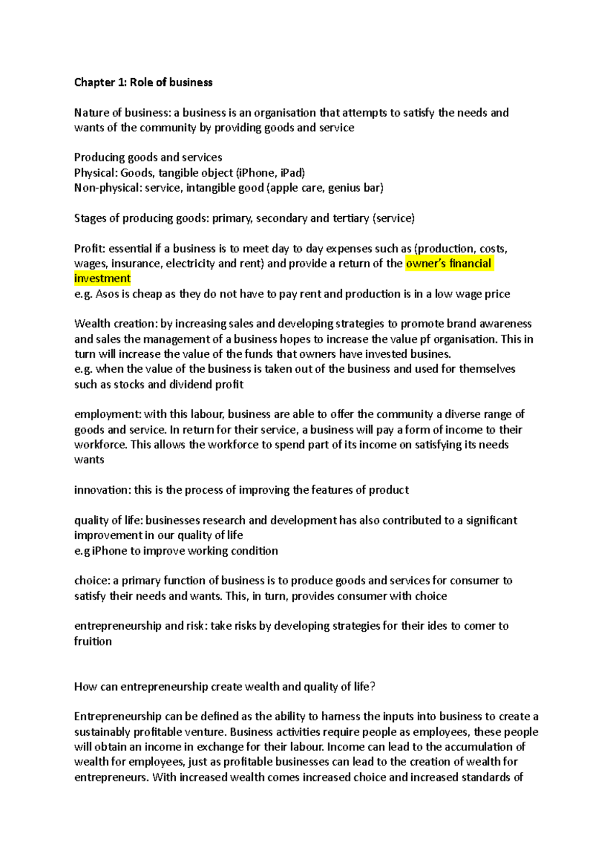 Preliminary Role of business Notes - Chapter 1: Role of business Nature ...
