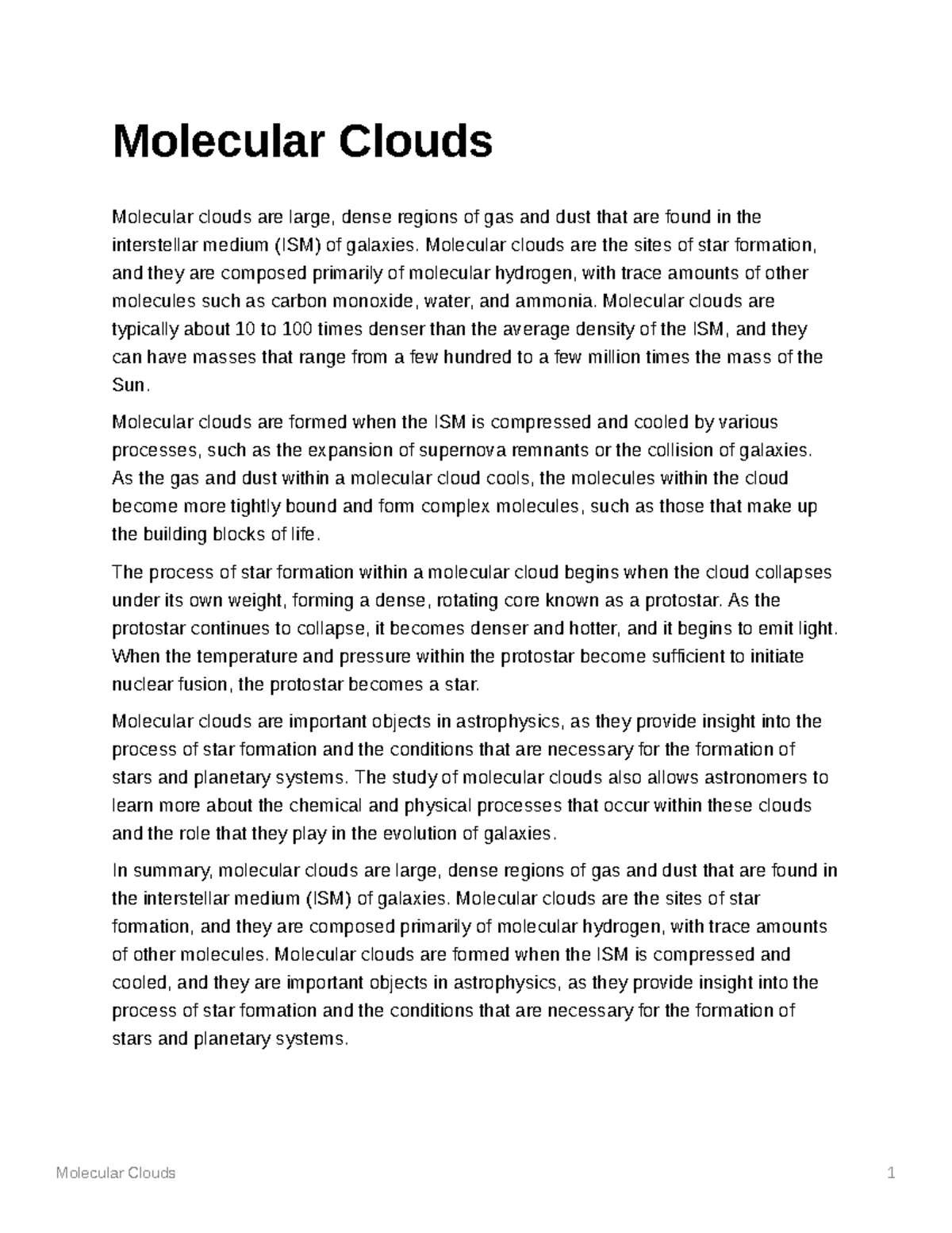 Molecular Clouds Notes Molecular Clouds 1 Molecular Clouds