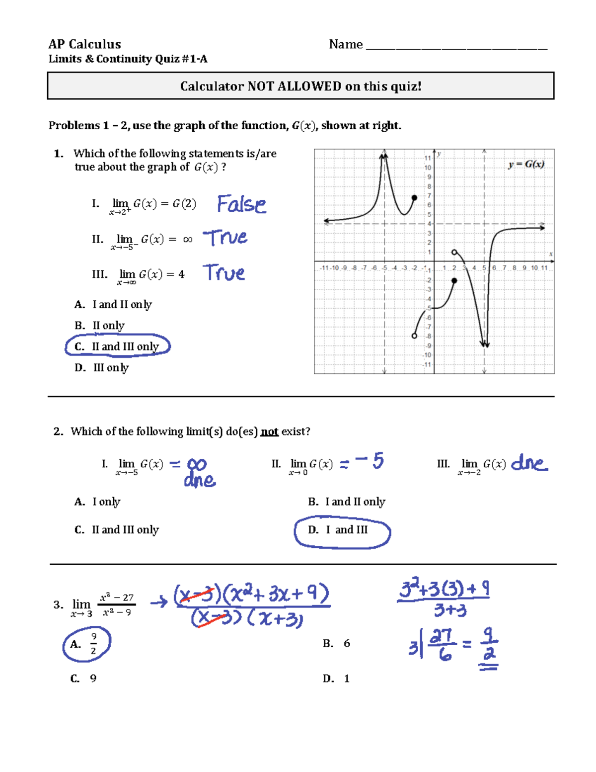 AP Quiz Unit 1 Form 1-A Key - AP Calculus Name ...