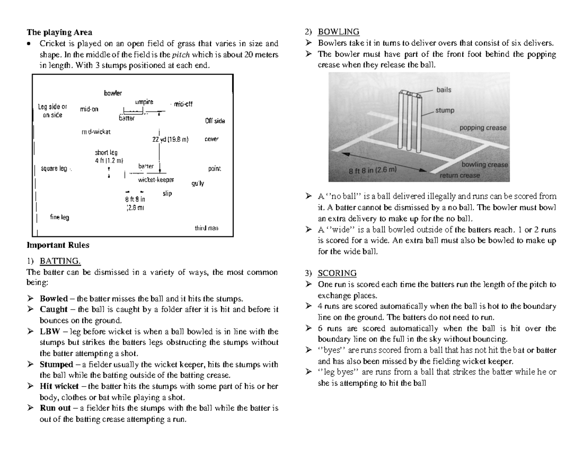 Cricket-A summary of Basic Skills - The playing Area Cricket is played ...