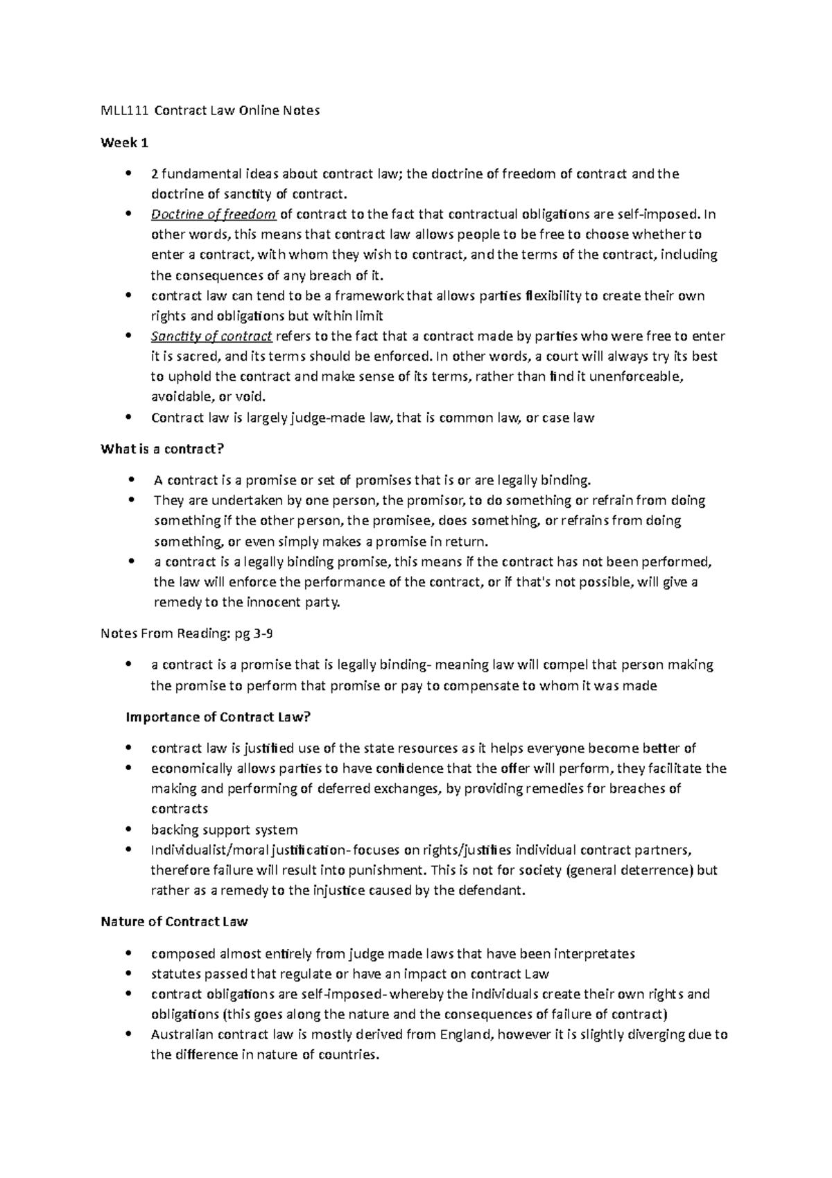 MLL111 Contract Law Online Notes - Doctrine of freedom of contract to ...