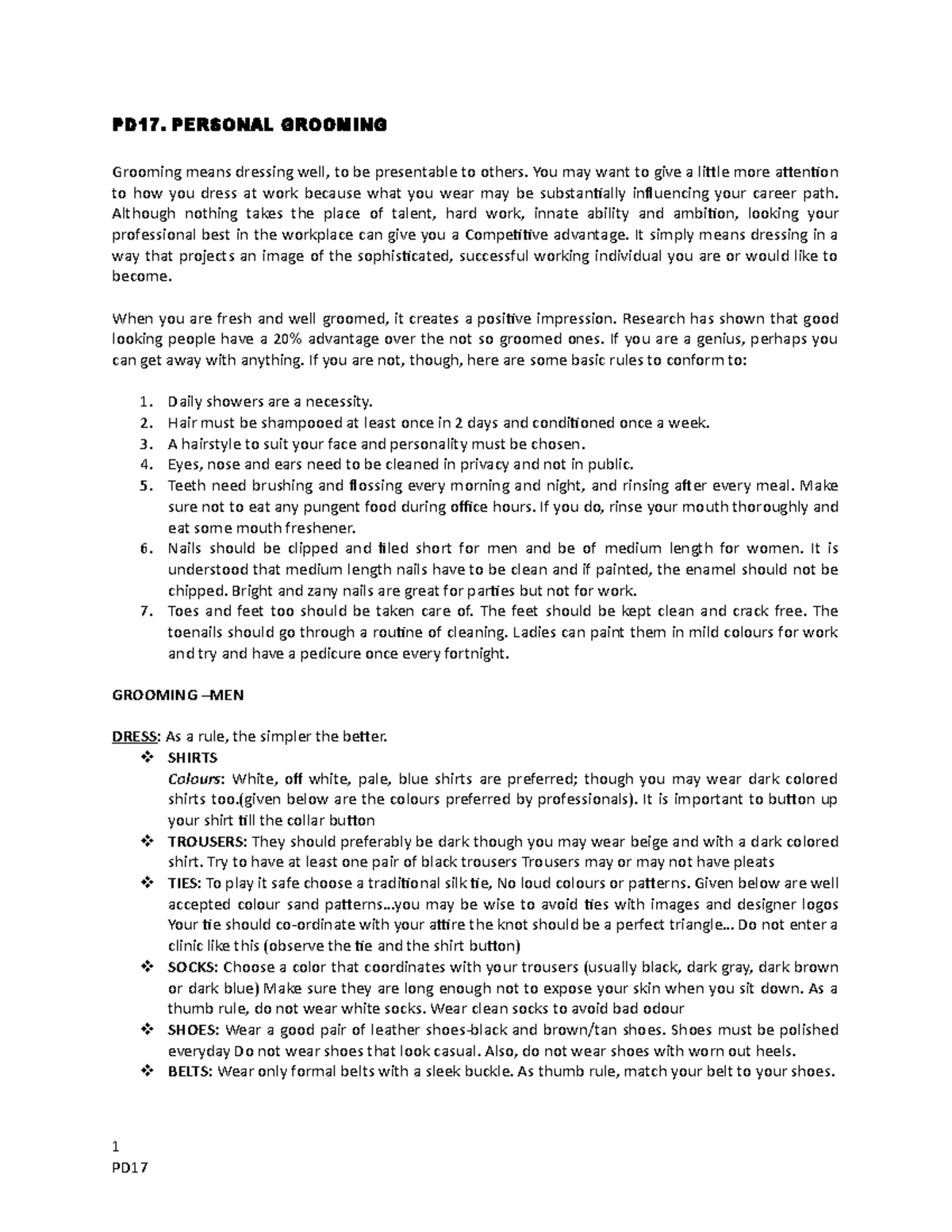 PD17 Lecture notes 17 PD17. PERSONAL GROOMING Grooming means