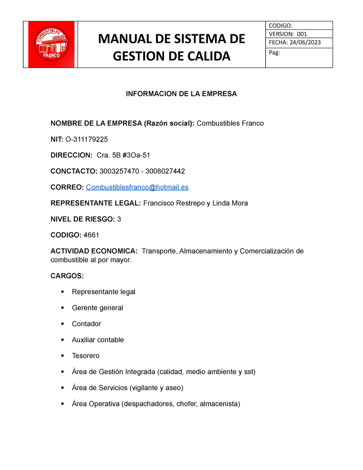 Manual DEL Sistema DE Gestion DE Calidad - MANUAL DE SISTEMA DE GESTION ...