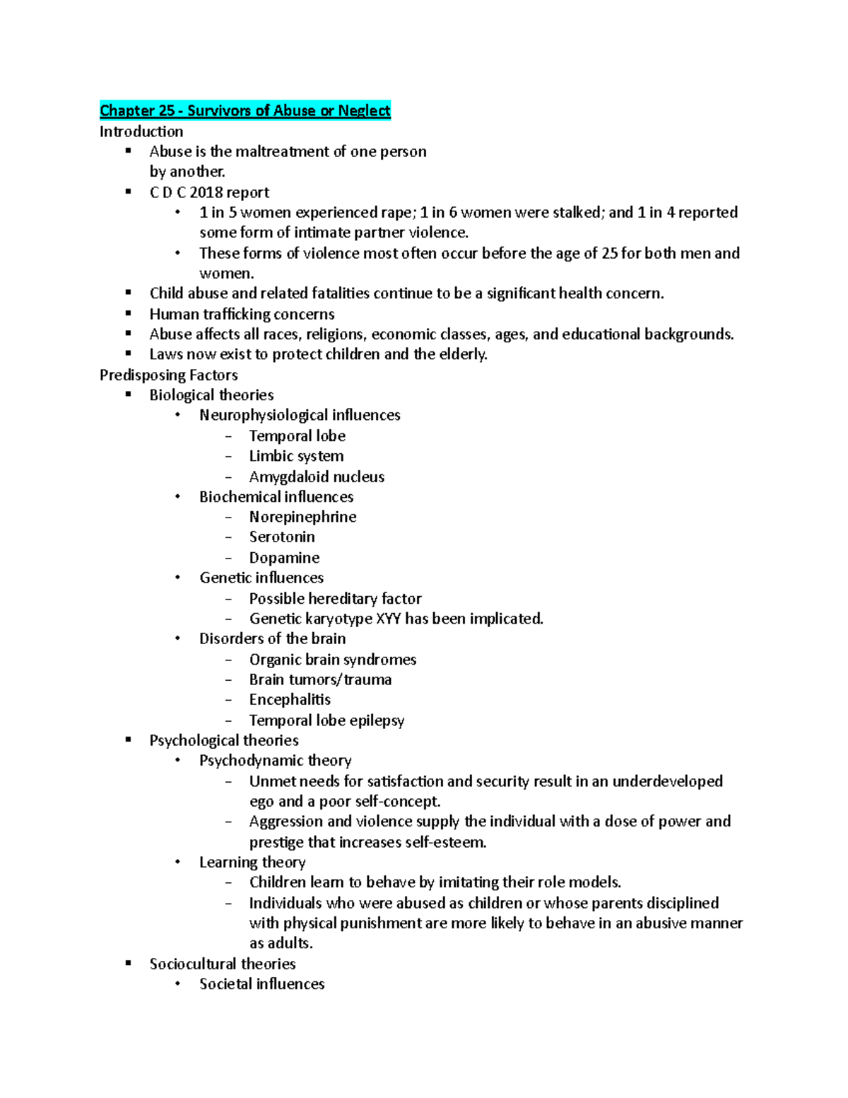 Ch 25 Abuse Notes Chapter 25 Survivors Of Abuse Or Neglect