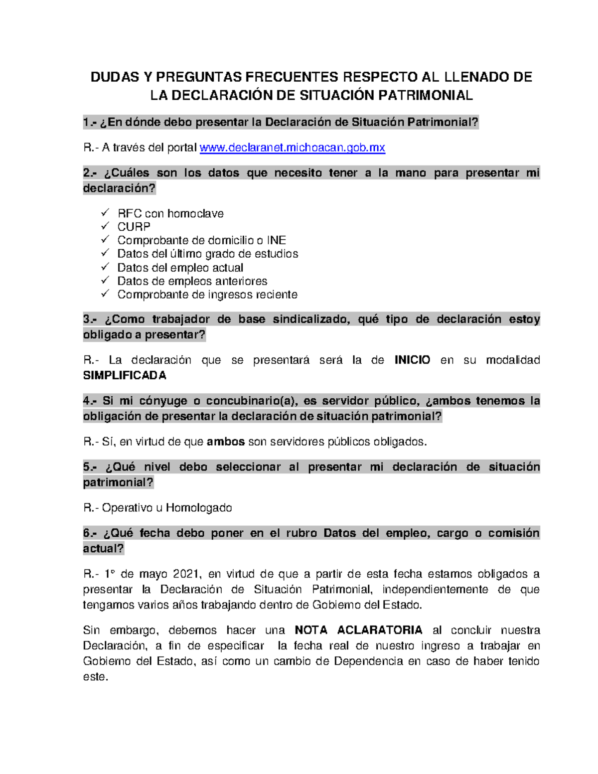 Dudas Y Preguntas De La Declaración Patrimonial - DUDAS Y PREGUNTAS ...