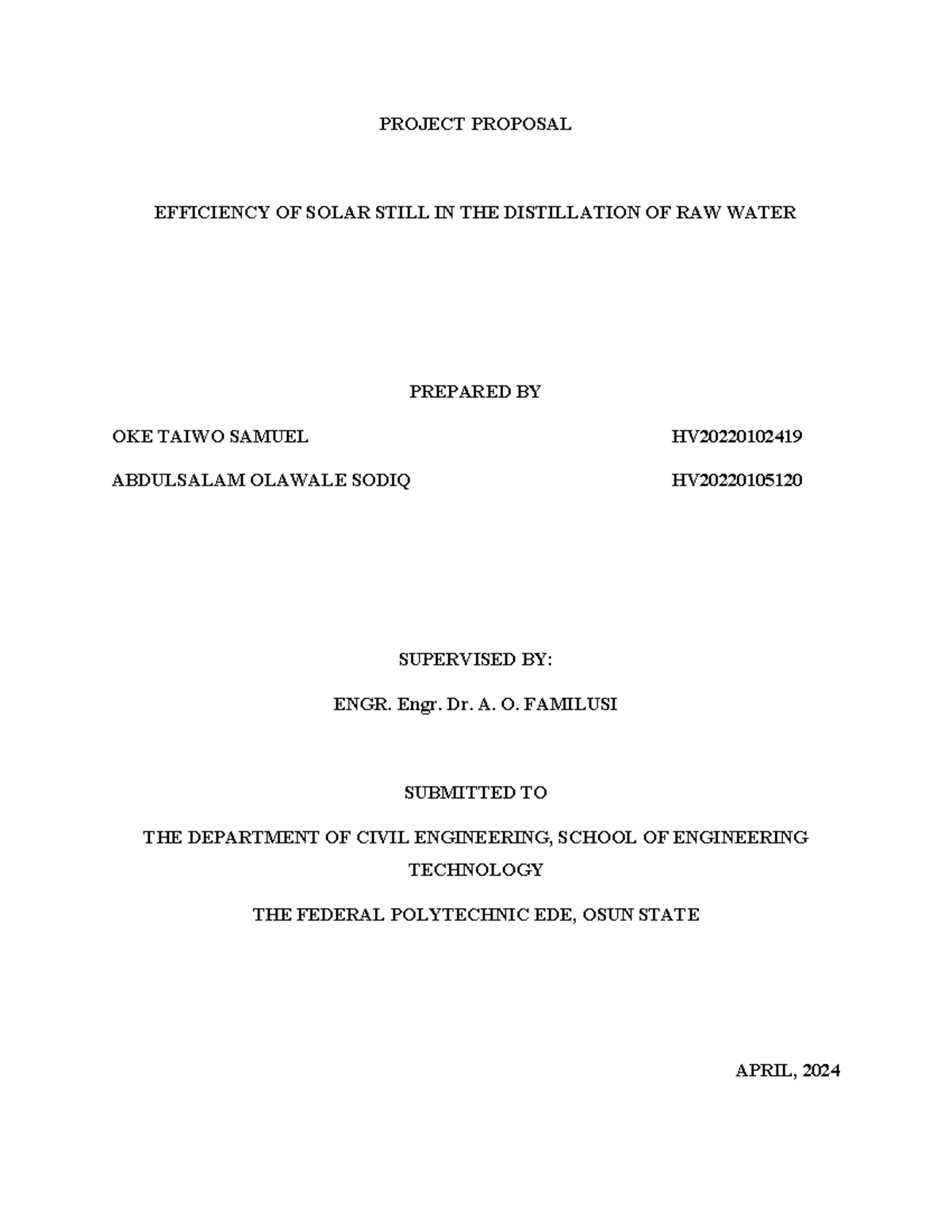 The proposal taiwo - PROJECT PROPOSAL EFFICIENCY OF SOLAR STILL IN THE ...