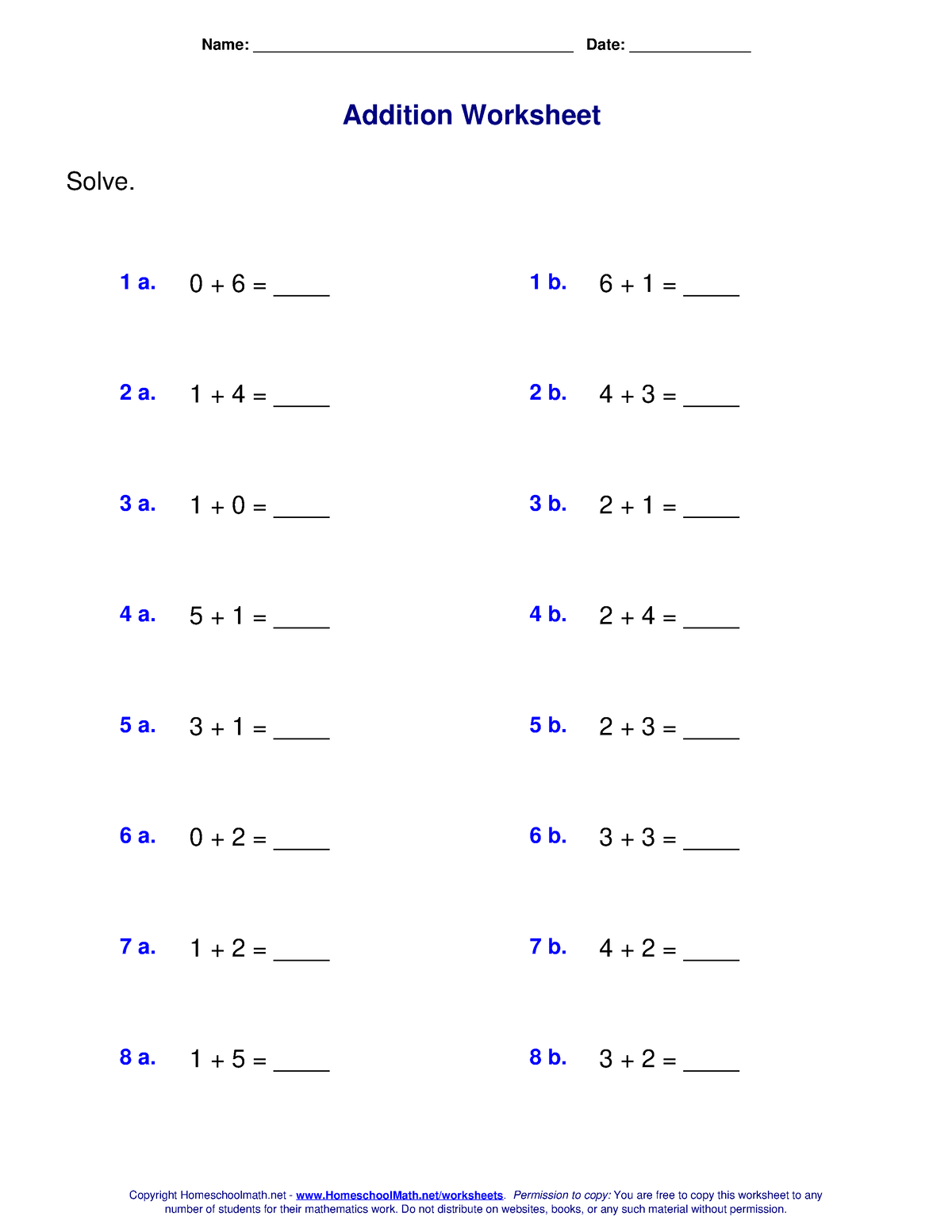 Addition Worksheet - easy math - Name ...