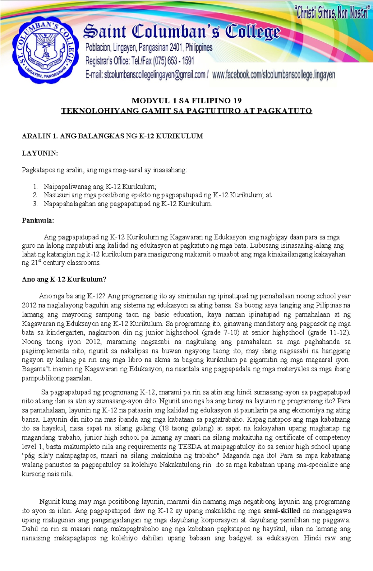 FIL 19 - notes - MODYUL 1 SA FILIPINO 19 TEKNOLOHIYANG GAMIT SA ...
